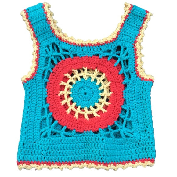 Vintage 70s Handmade Crochet Tank Vest Top Blue Yellow Red. Kids 4 5 - Picture 4 of 6